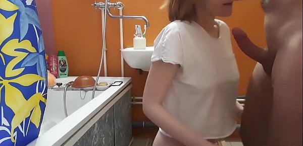  Sister caught brother jerking off in the bathtub and sucked him